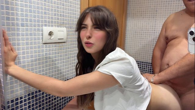 Creampie in my hairy pussy, my stepdad filled me with semen in the bathroom while his friends were in the living room