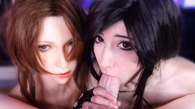 【Gamelady】Tifa and Aerith deepthroat blowjob threesome with sex doll